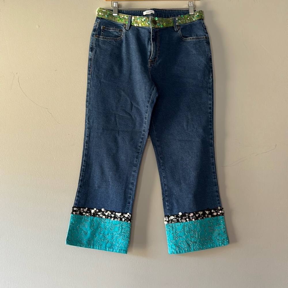 Vintage Faith angle /cropped Rhinestone Jeans 24 inch inseam